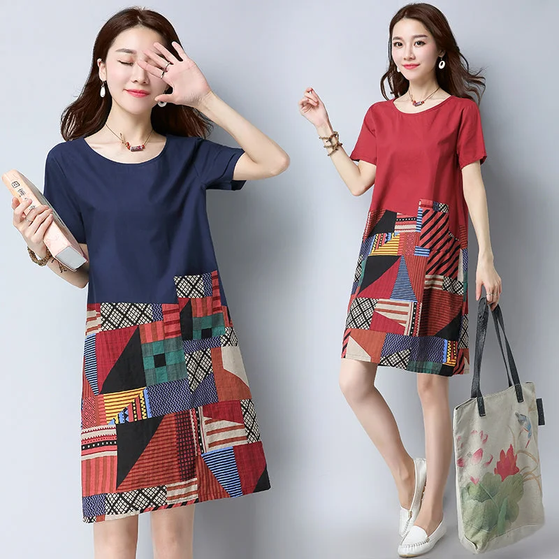 Plus Size Ethnic Patch Short Sleeve Dress