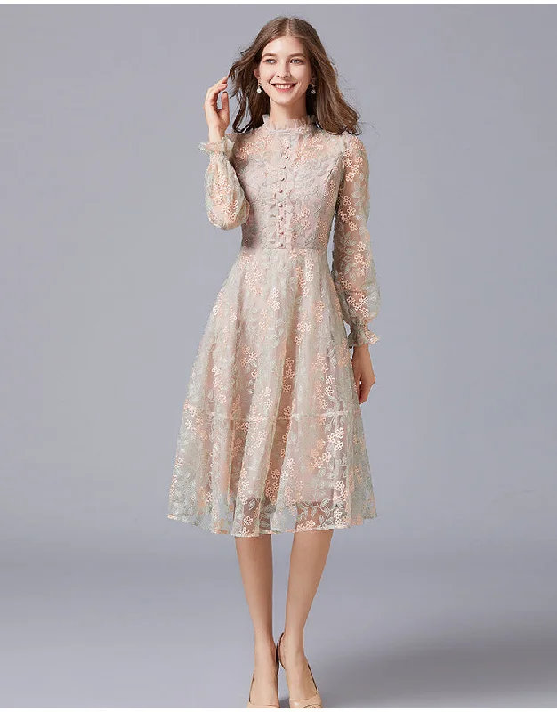 Plus Size High Neck Lace Puff Sleeve Formal Dress