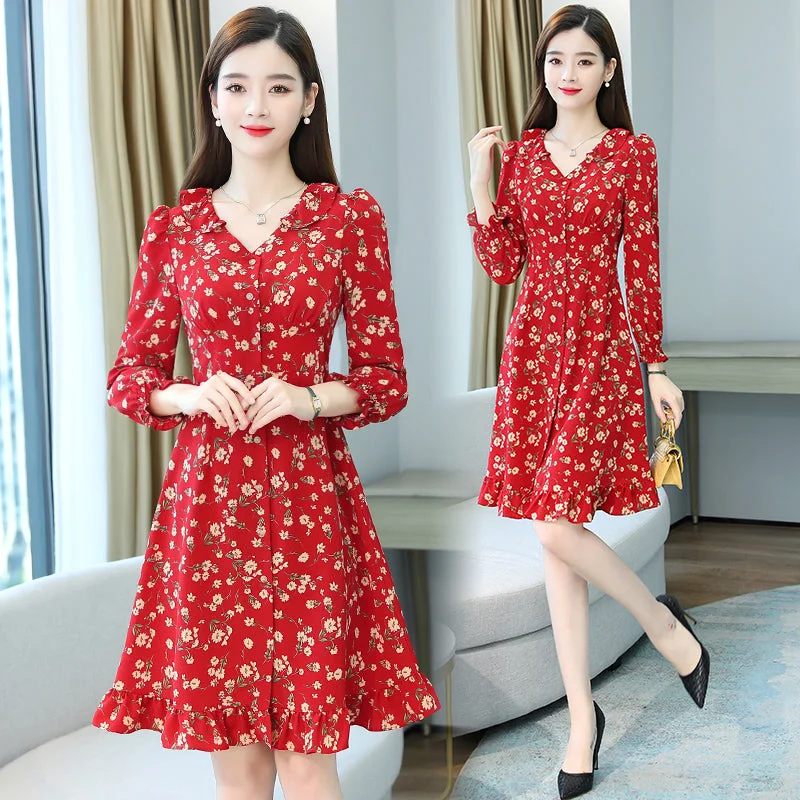 Plus Size Red Chiffon Long Sleeve Dress