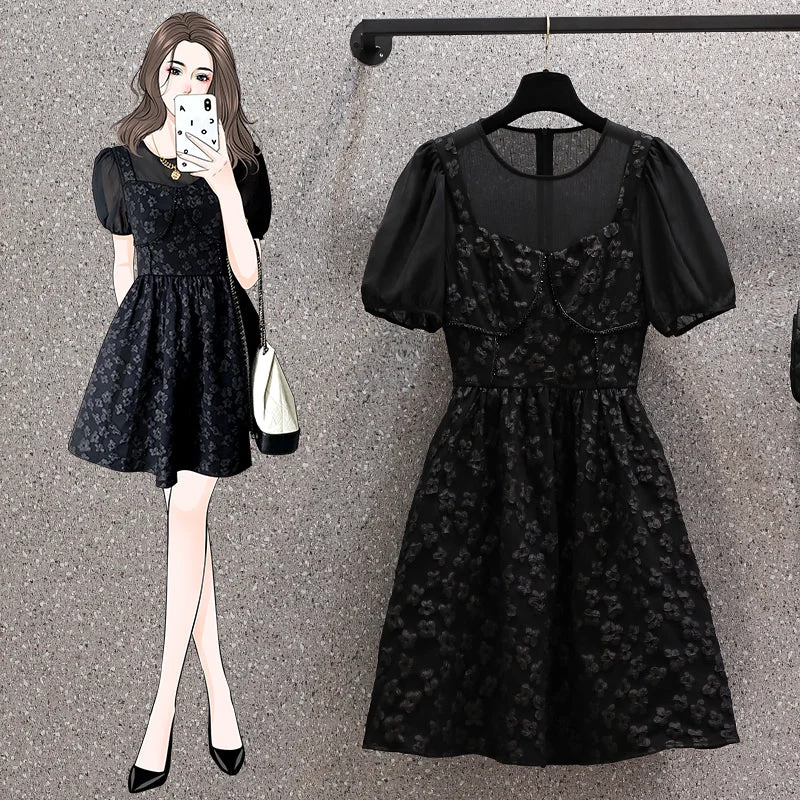 Plus Size Korean Black Puff Sleeve Dress