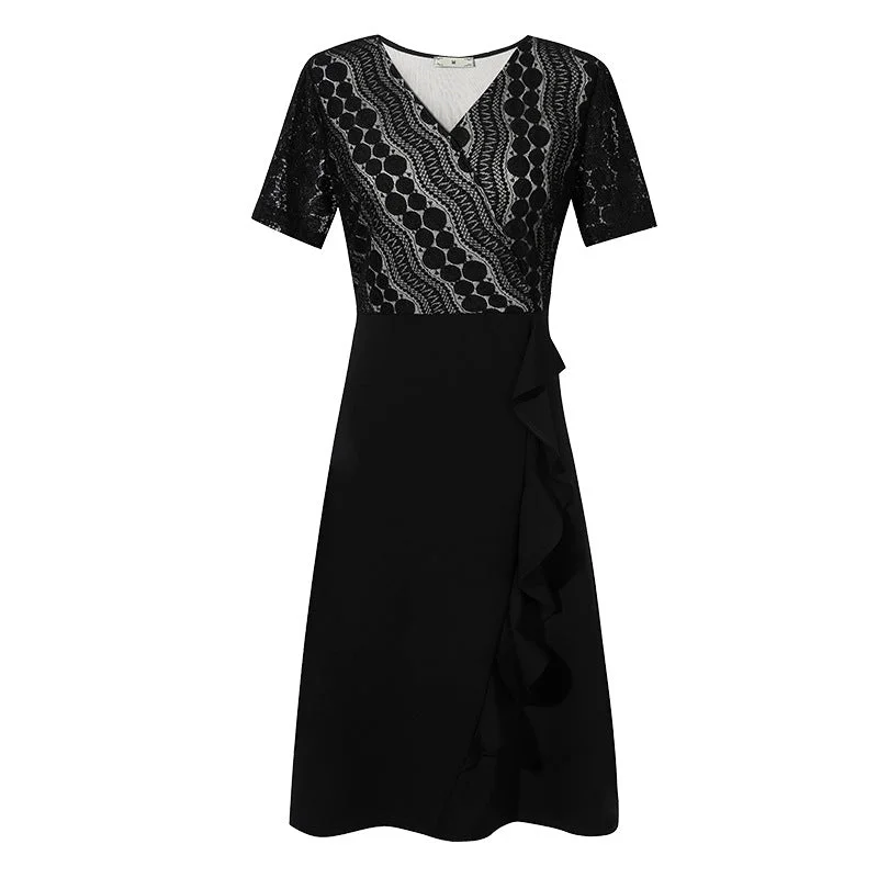 Plus Size Stripe Lace Wrap Black Dress