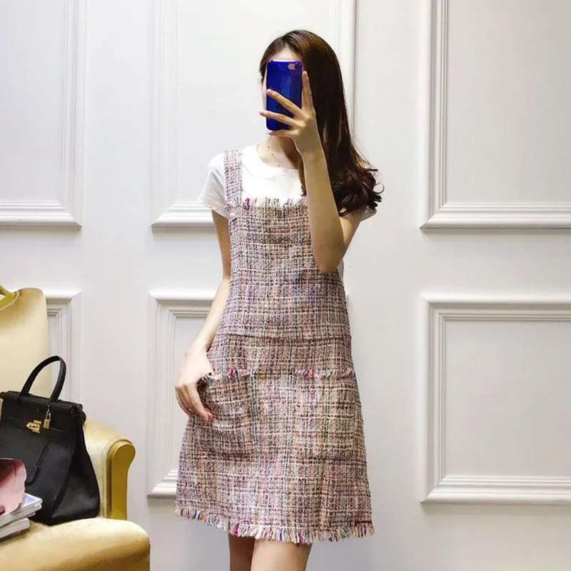 Plus Size Korean Pink Tweed Suspender Dress