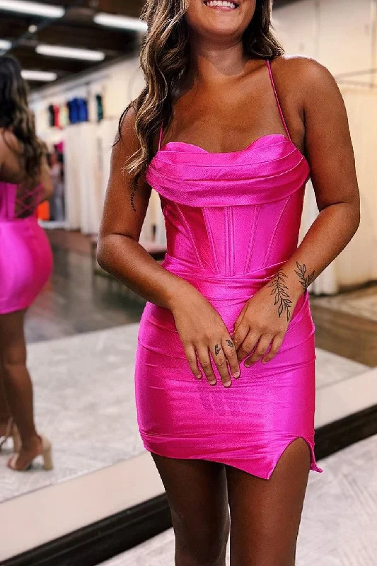 Spaghetti Straps Sweetheart Pleated Mini Short Tight Homecoming Dress