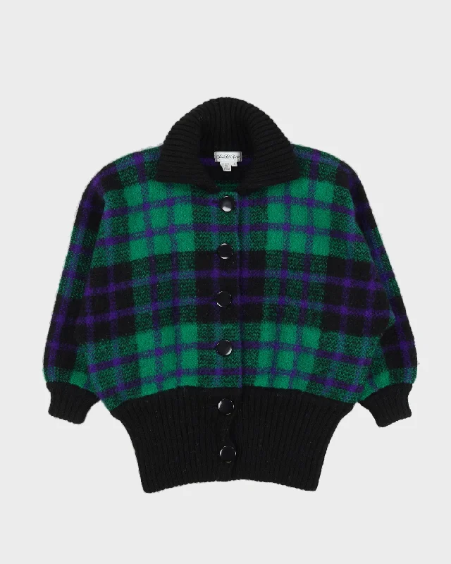 00s Green Tartan Patterned Knitted Cardigan - M / L