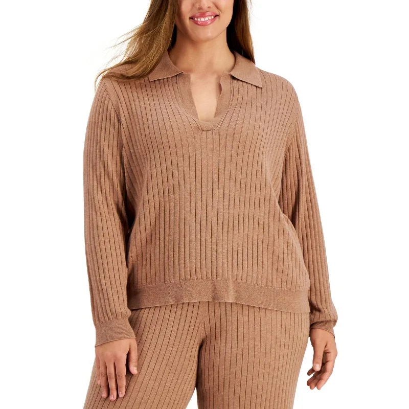 Plus Womens Ribbed Knit Collared Pullover Sweater