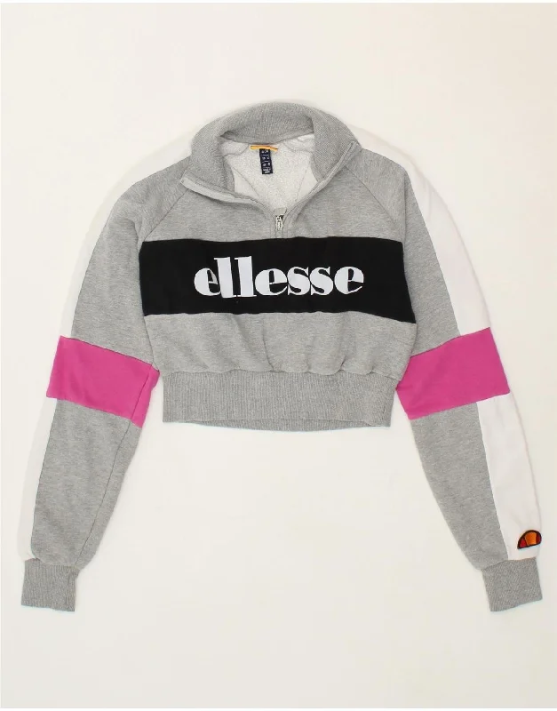 ELLESSE Womens Oversized Graphic Zip Neck Sweatshirt Jumper UK 6 XS Grey