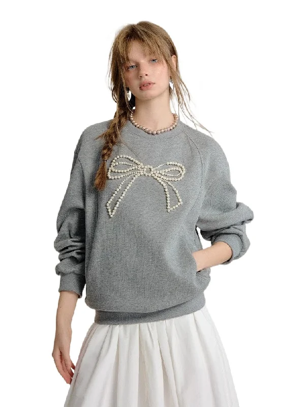 Gray & Navy Blue Butterfly Knot Beaded Pullover Sweatshirt