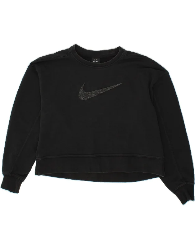 NIKE Womens Dri Fit Oversized Crop Sweatshirt Jumper UK 6 XS Black Cotton