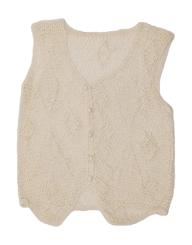 VINTAGE Womens Sleeveless Crochet Cardigan Sweater UK 10 Small Off White