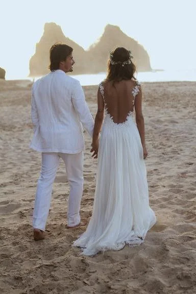 Backless Lace Open Back Sweetheart A-Line White Chiffon Sleeveless Beach Wedding Dresses WK981