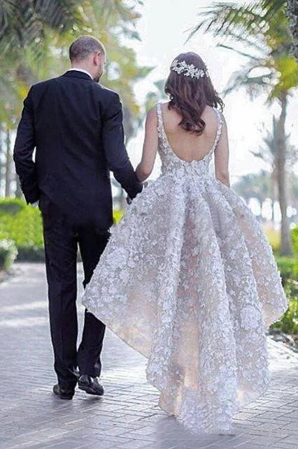 Ball Gown Lace Appliques High Low Backless Beads Wedding Dresses Bridal Dresses WK559