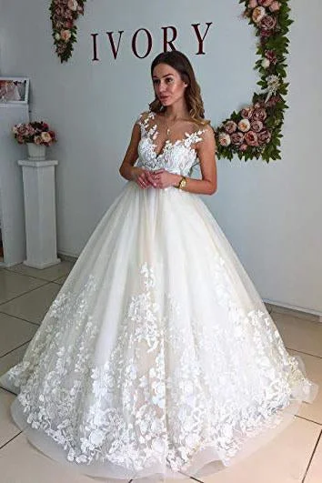 Ball Gown Lace Appliques Tulle Backless Cap Sleeve Wedding Dresses Bridal Dresses WK333