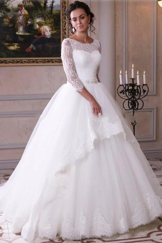 Ball Gown Lace Tulle 3/4 Sleeves Scoop White Lace up Wedding Gowns Wedding Dresses WK309