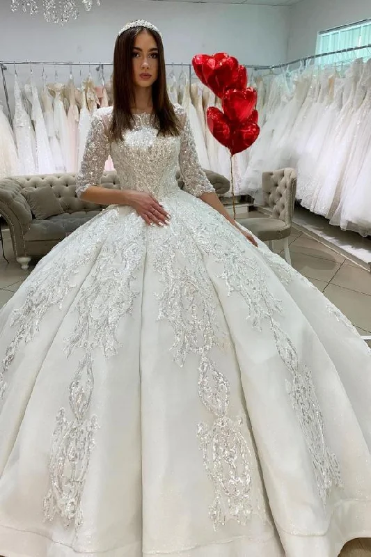 Gorgeous Bateau Satin Floor-length Princess Wedding Dress Long Sleeves With Appliques Lace