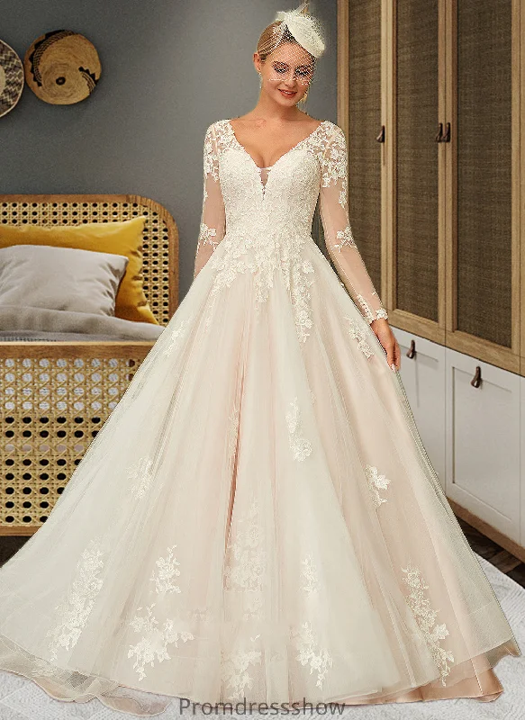 Rhianna Ball-Gown/Princess V-neck Sweep Train Tulle Lace Wedding Dress STKP0013698