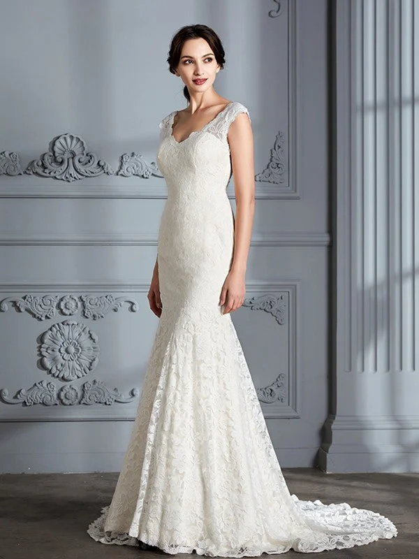 Trumpet/Mermaid Sleeveless V-Neck Lace Sweep/Brush Train Wedding Dresses TPP0006374