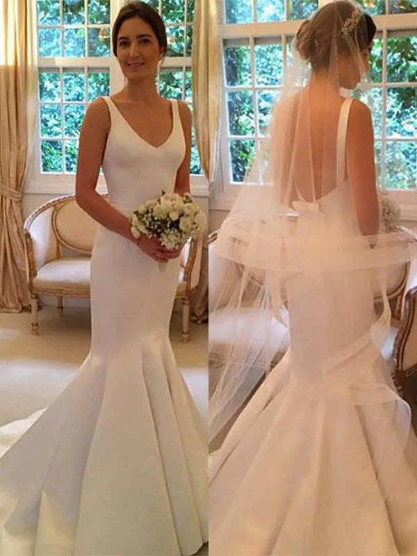 Trumpet/Mermaid V-neck Satin Sleeveless Sweep/Brush Train Wedding Dresses TPP0006417