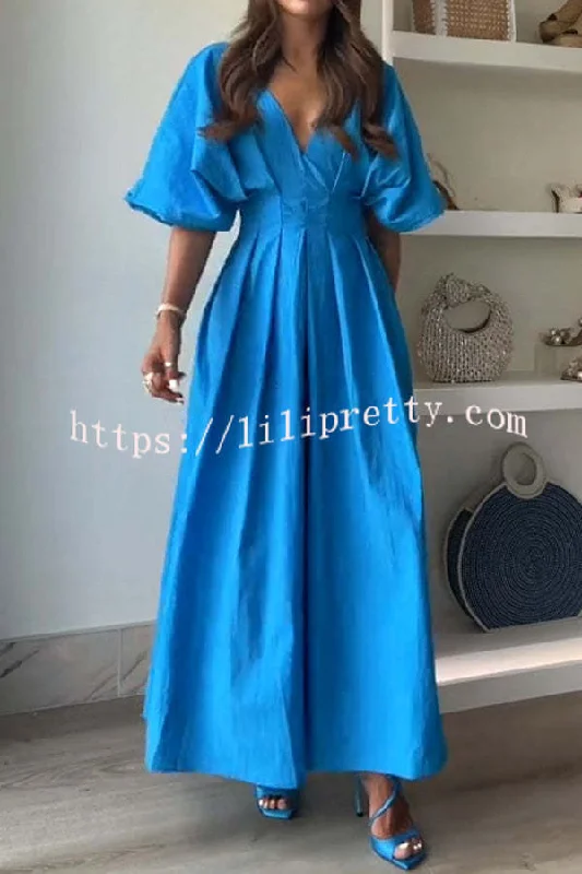 Lilipretty® Antibes Linen Blend Princess Line Pleated Wide Puff Sleeve Midi Dress