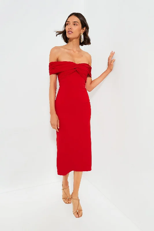 Red Off the Shoulder Midi Dress