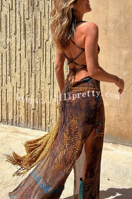 Lilipretty® Gypsy Style Unique Print Cowl Neck Back Lace-up Slit Midi Dress