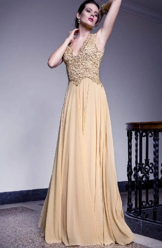 Baccio Couture - 2771 Sleeveless V Neck Painted Metallic Silicon Bodice A-Line Gown - 1 pc Tan In Size M Available