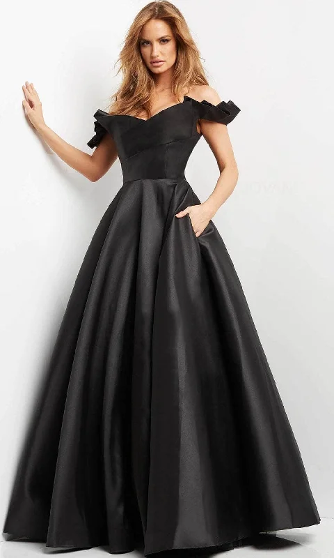 Jovani - Ruffle Sleeve Mikado Evening Dress 08579SC - 1 pc Black In Size 12 Available