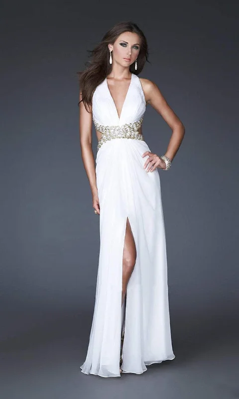 La Femme - 16100 Gold Strap Crisscross Back Halter Style Evening Gown