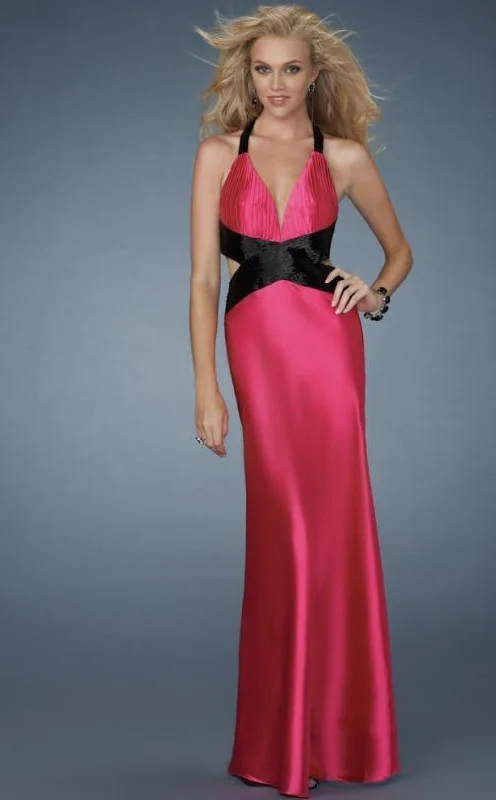 La Femme Gigi - 14660 Deep V-Neck Halter Gown with Crisscross Back