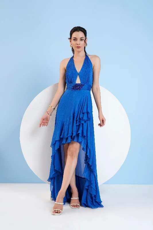 BlUE HALTER NECK  DRESS WITH EMBROIDERY AT WAIST