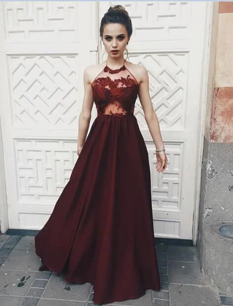 Burgundy Halter Backless Princess A-Line Prom Dresses, PD2305315