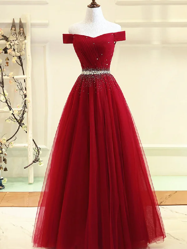 Burgundy Off-the-Shoulder Prom Dress, Burgundy Formal Dress, Off-the-Shoulder Evening Dress, Bridesmaid Dress, BD23031211