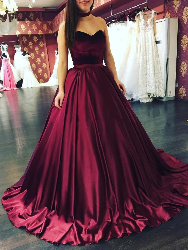 Burgundy Satin Sweetheart Ball Gown Prom Dresses, PD2310034