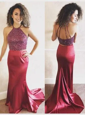 Burgundy Satin Two-Piece Sheath Prom Dress , PD2303221