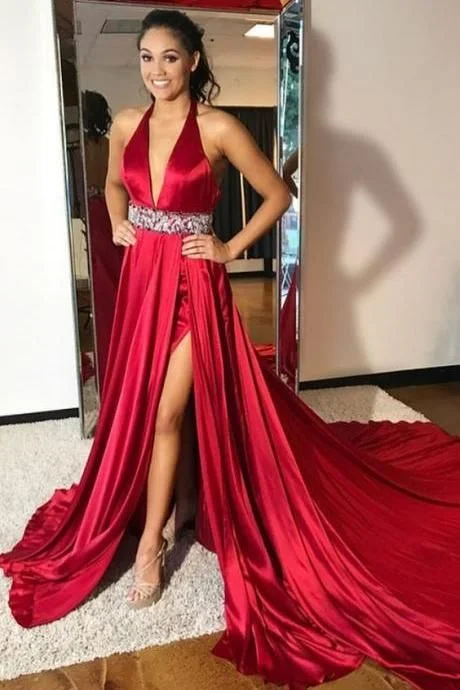 Burgundy Satin V-Neck Side Slit Princess A-Line Prom Dress, PD2303317