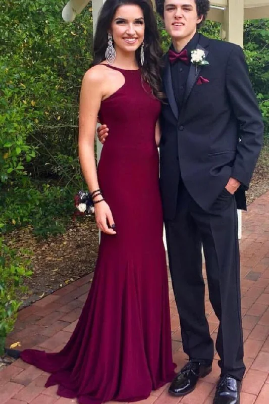 Burgundy Scoop Backless Sheath Prom Dress, PD2303100