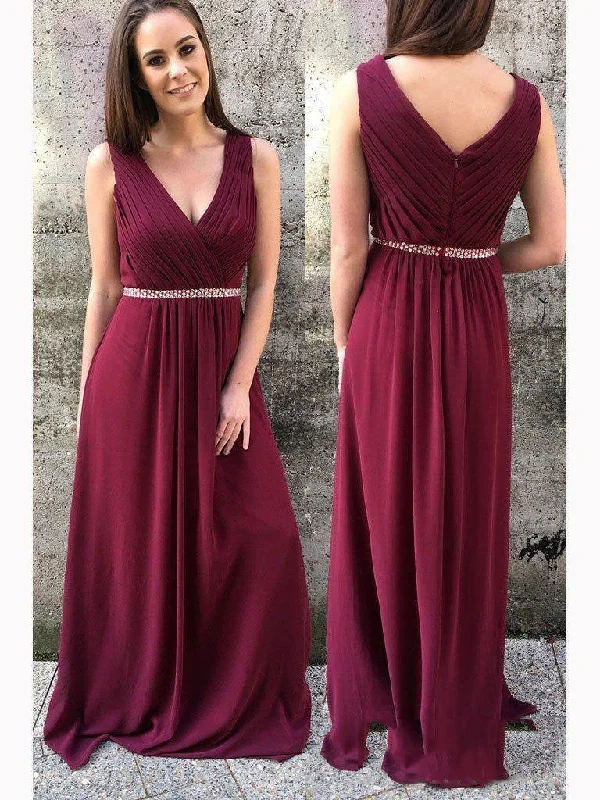 Burgundy Sheath V-Neck Pleated Chiffon Prom Dress with Beaded Detail, PD2303156