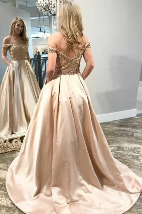 Champagne Off Shoulder A-Line Satin Beaded Prom Dress, PD2308250