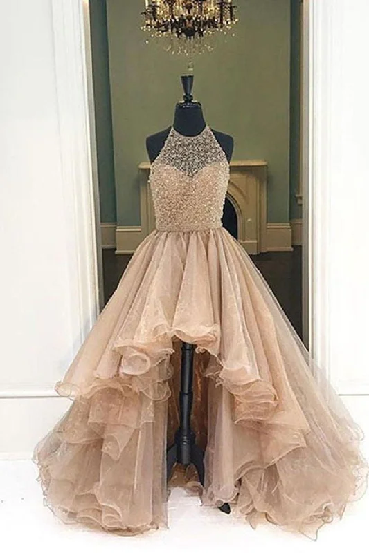 Champagne Organza High Low Prom Dresses with Halter Beading, PD2401261