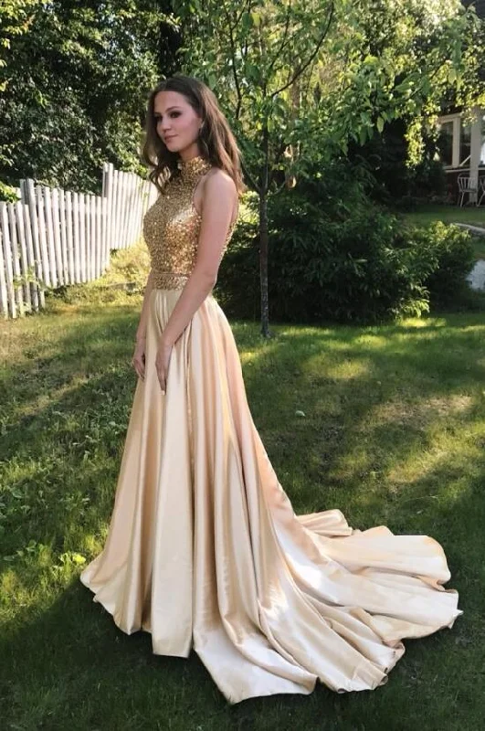 Champagne Satin Halter Cut Out Prom Dress with Rhinestone Backless High Neck, PD2306135