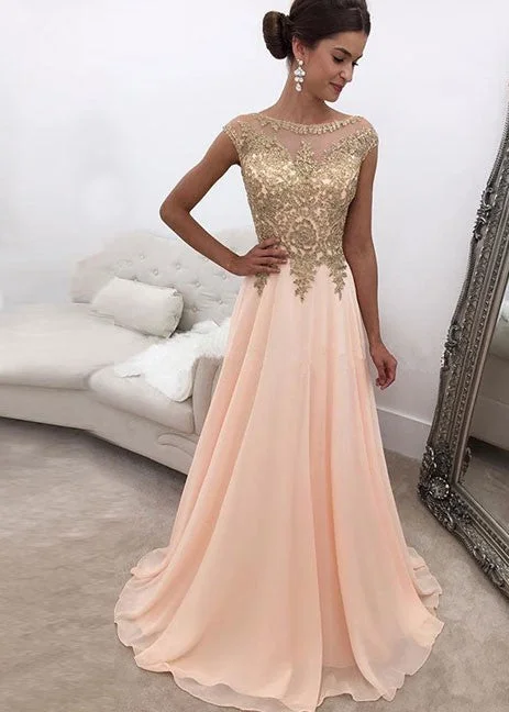 Chiffon A Line Peach and Gold Appliques Prom Dresses, PD2310037