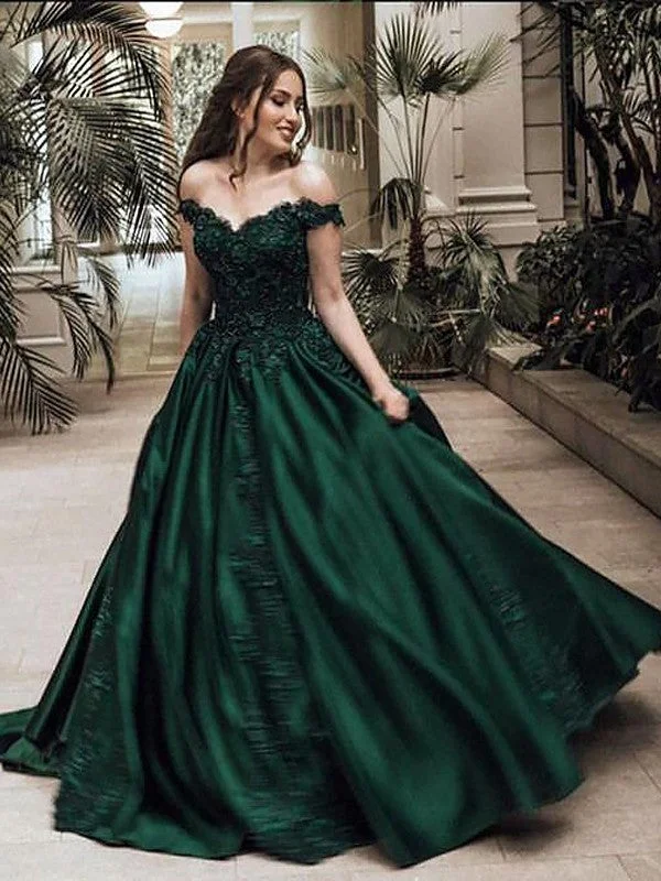 Classic Satin Dark Green Off-the-Shoulder Sweetheart Ball Gown Prom Dress, PD2308092