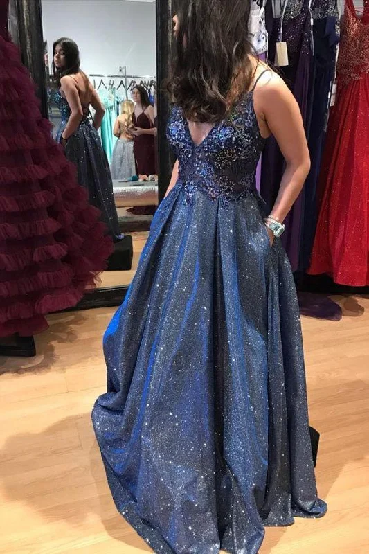 Dark Navy A-Line Formal Prom Dress with Pockets, PD2303038