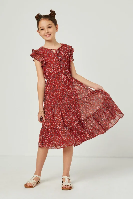 Girls Red Ditsy Floral Dress