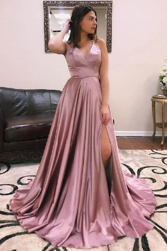 Dusty Rose Side Slit A-Line V Neck Elastic Satin Prom Dress, PD2306263