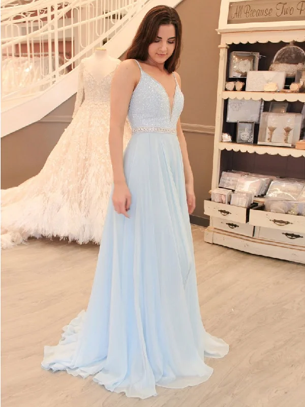 Elegant A-Line V Neck Light Sky Blue Chiffon Beaded Prom Dresses, PD2308305