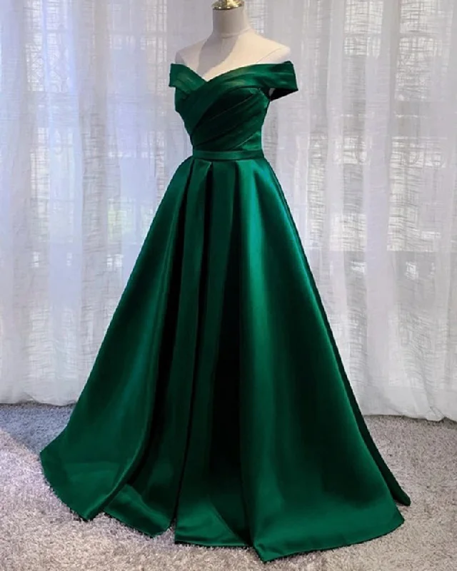 Elegant Cheap On Sale Off Shoulder A Line Satin Formal Green Prom Dress 2022  PL0517