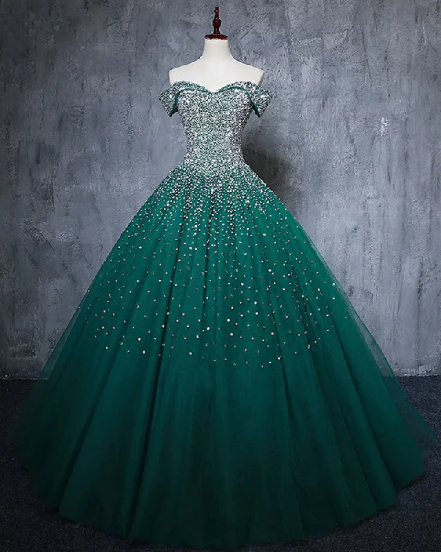 Sparkly Puffy Off the Shoulder Crystal Dark green Quinceanera DressesBall Gown  Prom Dress Ball Gown PL6211