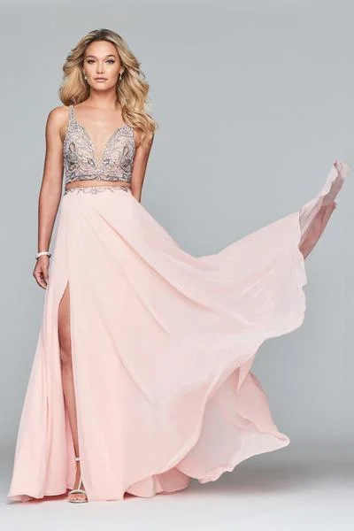 Faviana - S10244SC Bejeweled Plunging V-Neck A-Line Gown