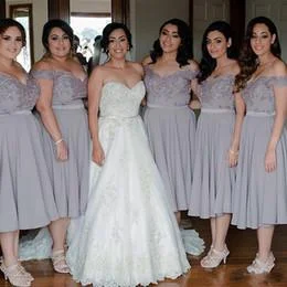 gray Bridesmaid Dress, tea length Bridesmaid Dress,off shoulder Bridesmaid Dress, Bridesmaid Dress, BD5204