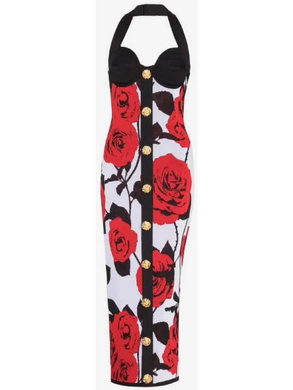 Halterneck Dress in Red Roses Jacquard Knit